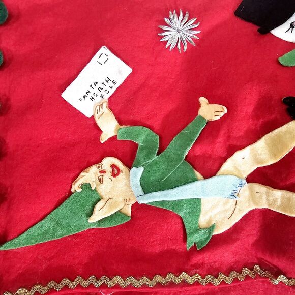 Vintage Large 22" Felt Pompoms Pixie Elf Christmas Stocking Tree Snowman 1960s - Picture 11 of 15